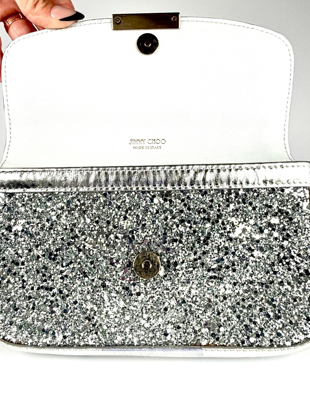 Jimmy Choo Silver Glitter Wristlet / Clutch Evening Bag Full Inclusion - Picture 15 of 16